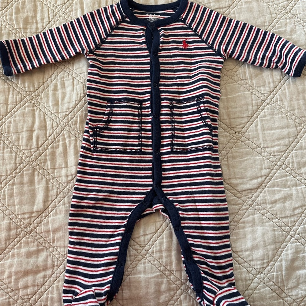 Ralph Lauren Blue and Red Footed One Piece with Embroidered Detail